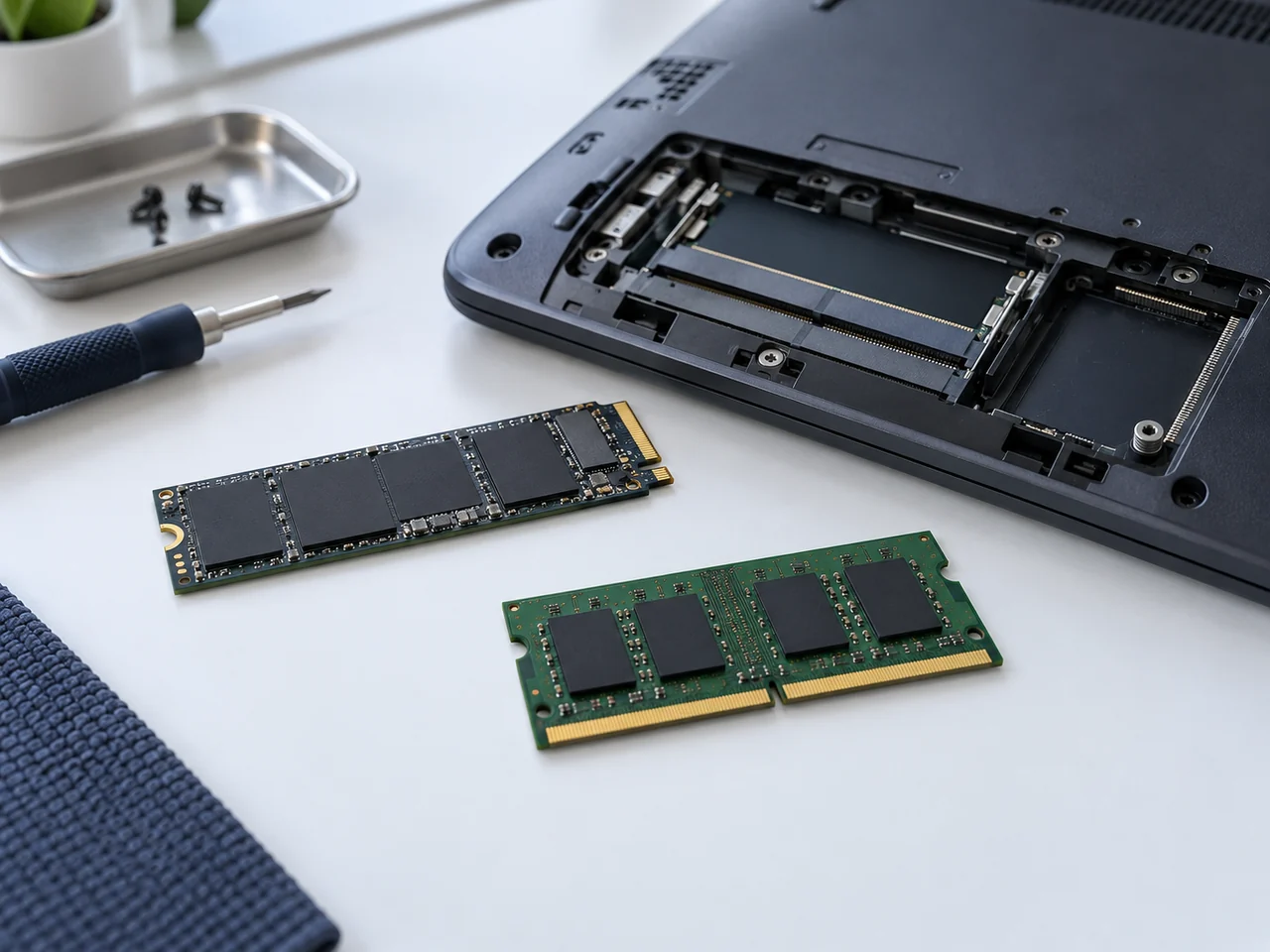 Imagem ilustrativa de um SSD M.2 e uma memória SO-DIMM em uma bancada.