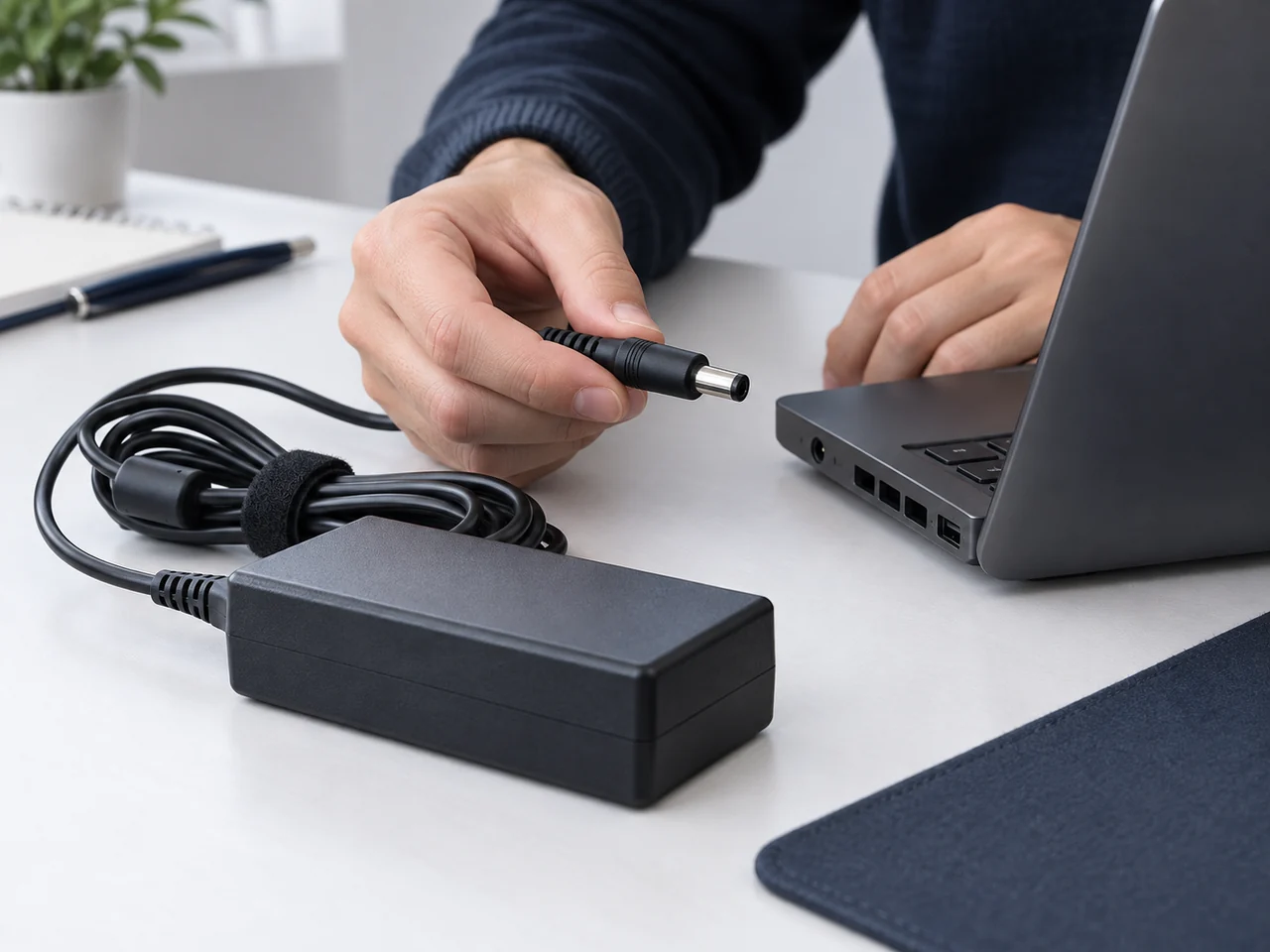Imagem ilustrativa de uma fonte de notebook com cabo e conector destacados.