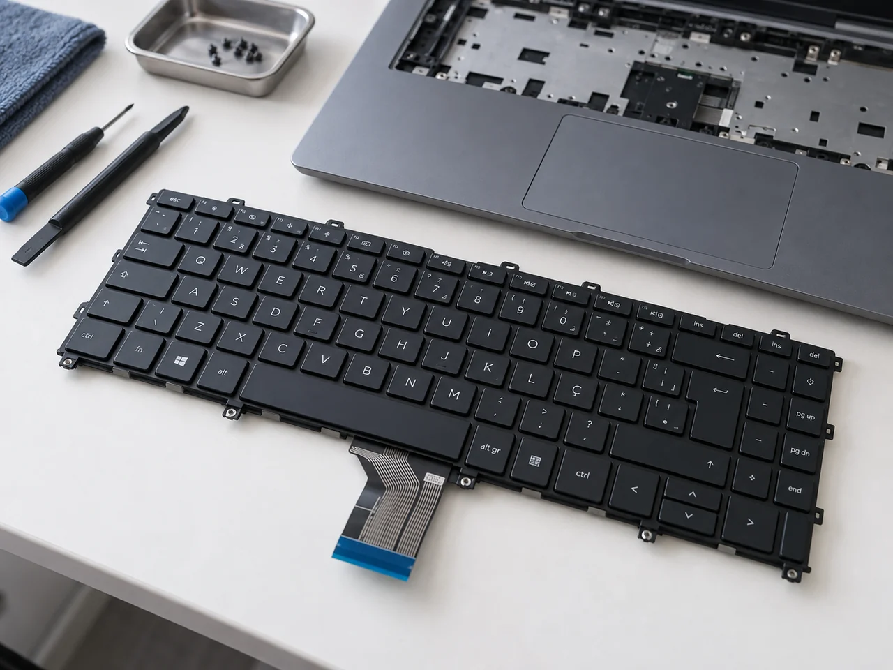 Imagem ilustrativa de um teclado de notebook removido, com o cabo flat visível.
