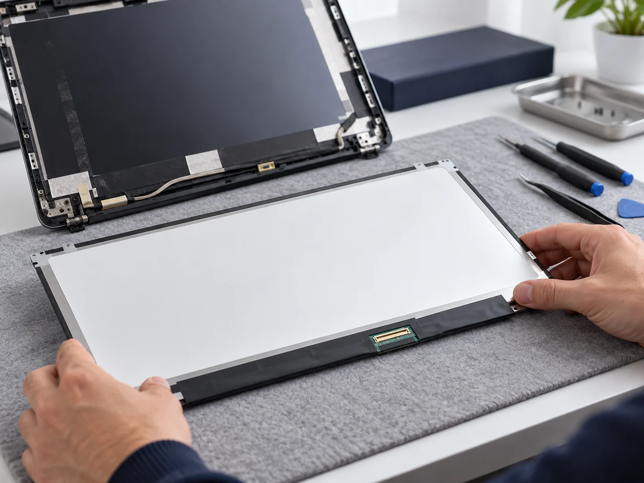 Imagem ilustrativa de um painel de notebook e seu conector em uma bancada.